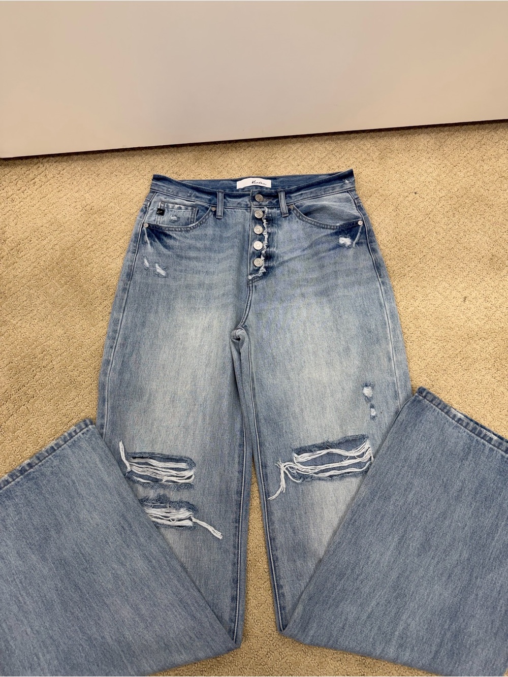 KanCan Light Blue High-Rise Distressed Button-Fly Jeans